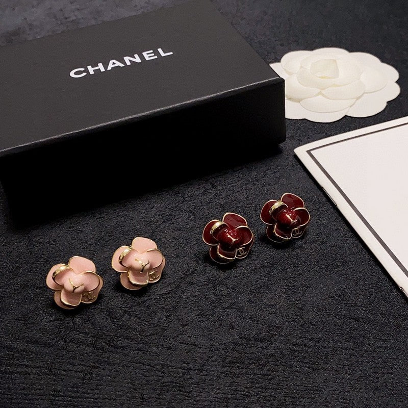 Chanel Red & Pink Camellia 18K Gold Earrings