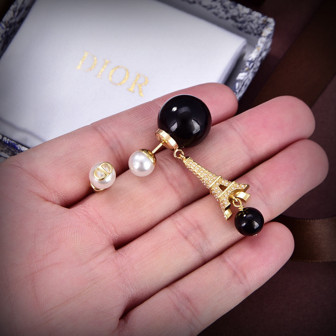 Dior Tribales Eiffel Tower Charm Black Pearls 18K Gold Earrings