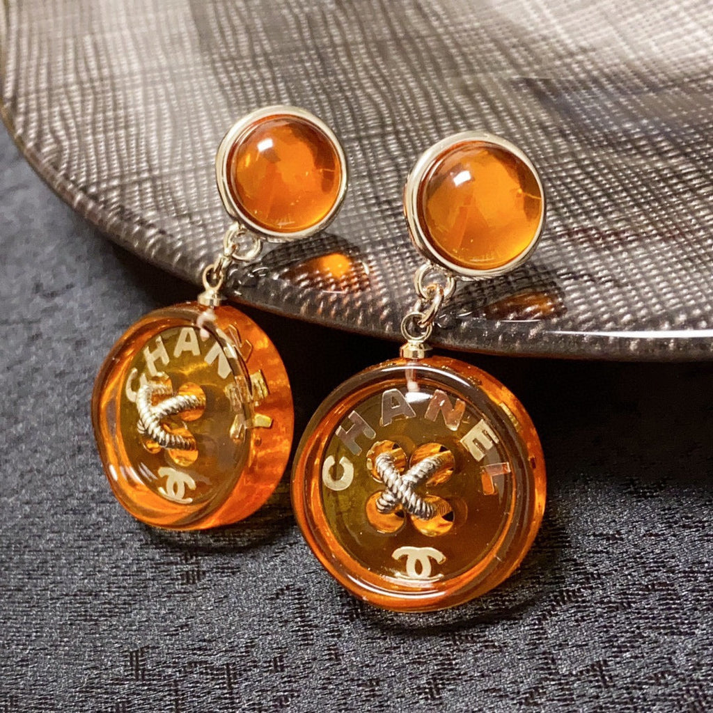 Chanel Orange Pendant 18K Gold Earrings
