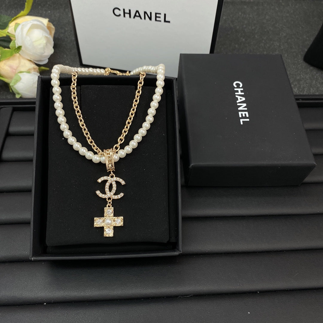 Chanel Cross Diamond Pearl Chain 18K Gold Necklace