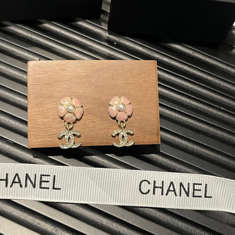 Chanel 26C Pink Camellia Diamond 18K Gold Earrings