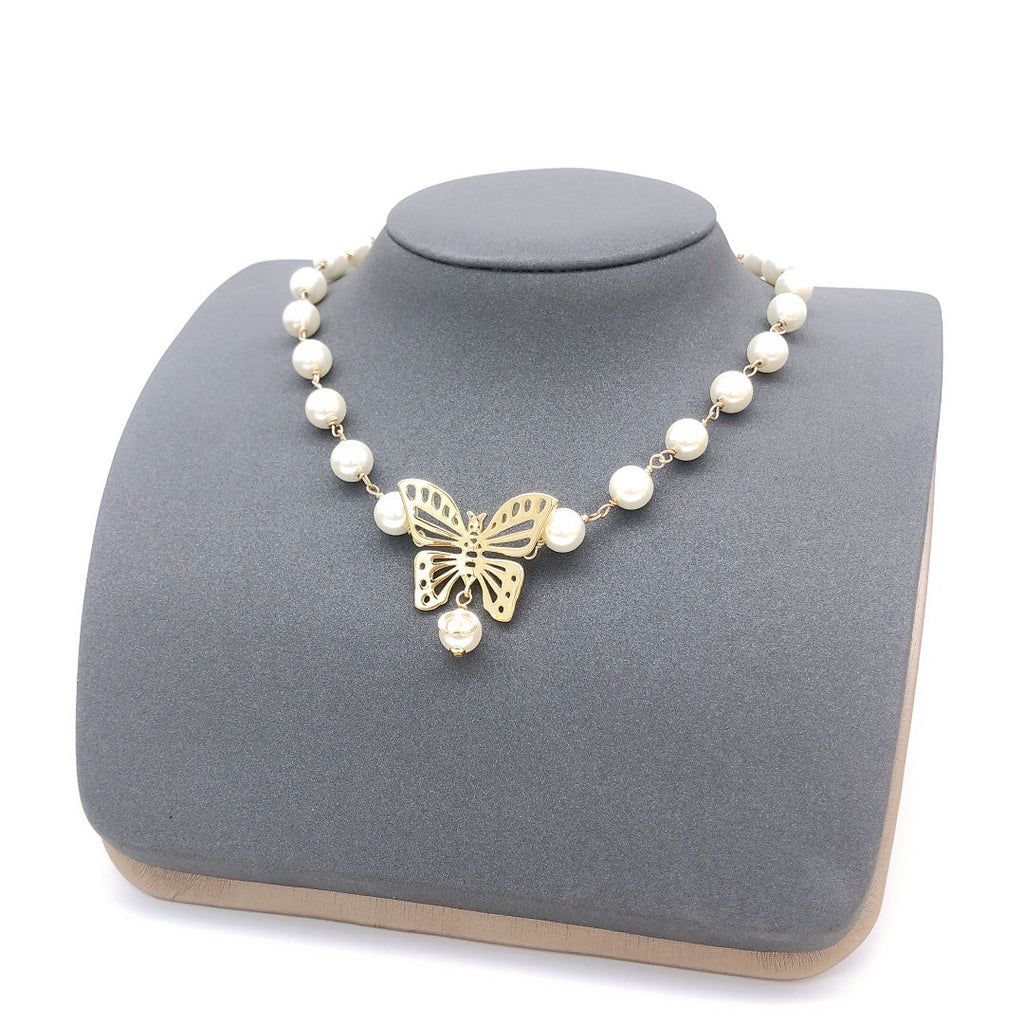 Dior Butterfly Pearl Chain 18K Gold Necklace