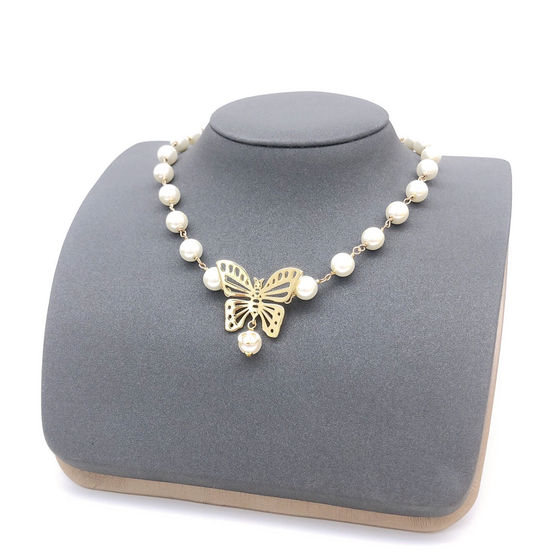 Dior Butterfly Pearl Chain 18K Gold Necklace
