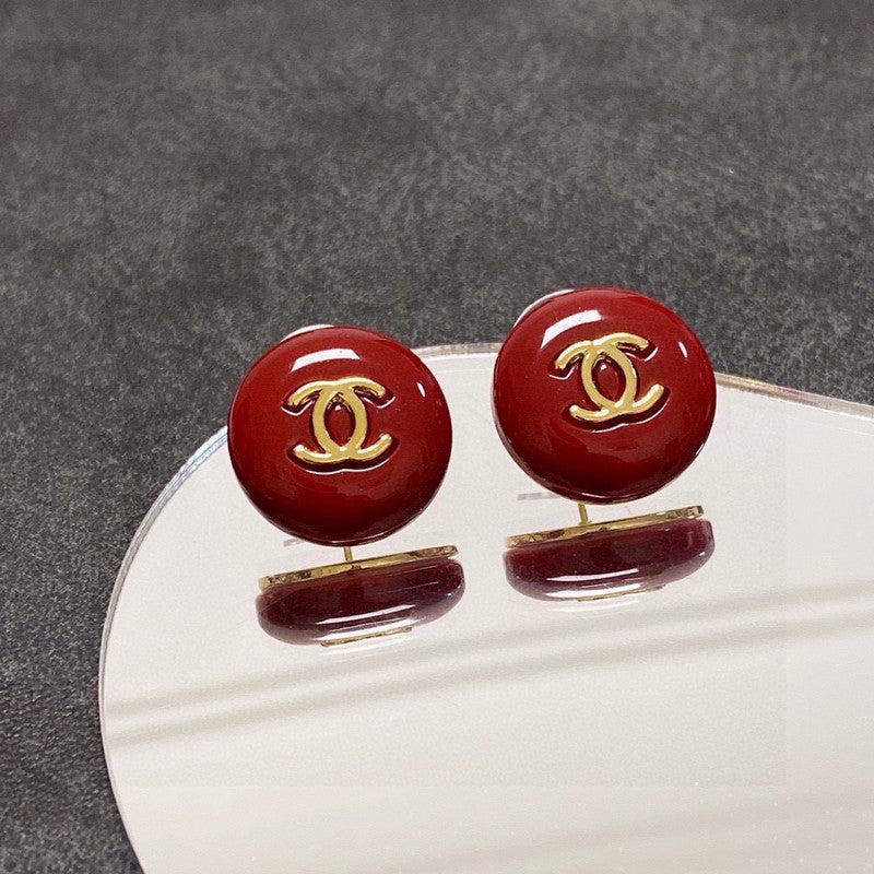 Chanel Wine Red Round 18K Gold Earrings