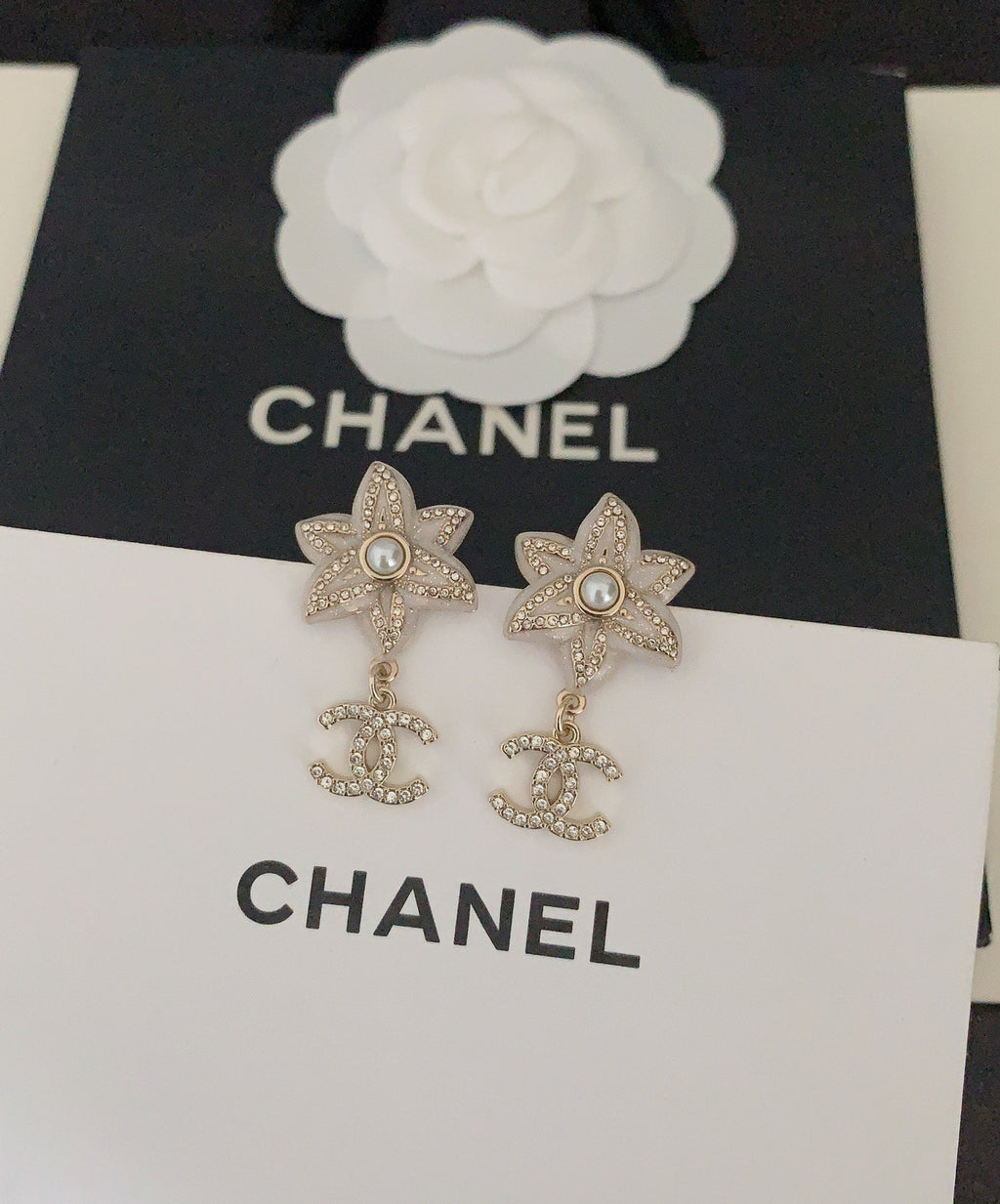 Chanel Camellia Pendant 18K Gold Earrings