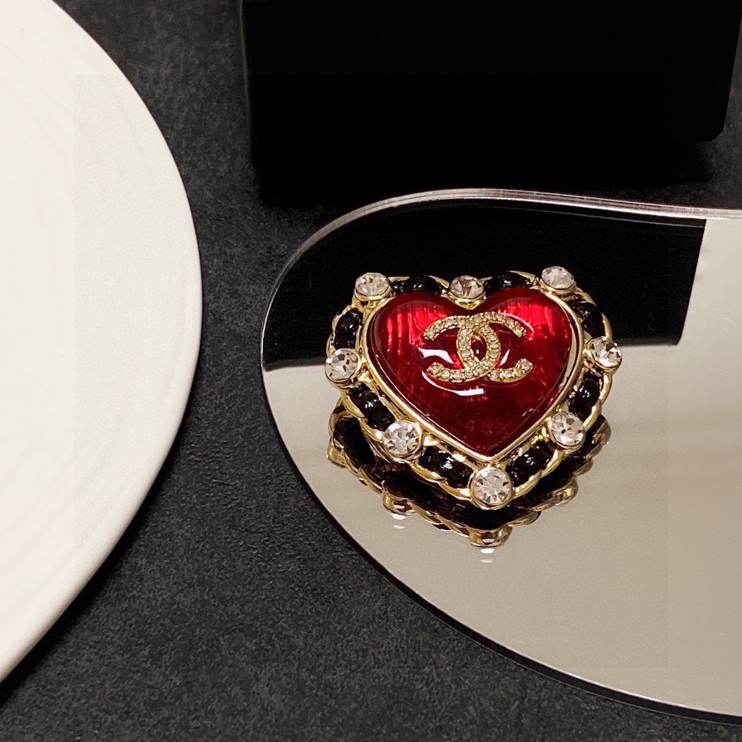 Chanel Red Crystal Heart 18K Gold Brooch