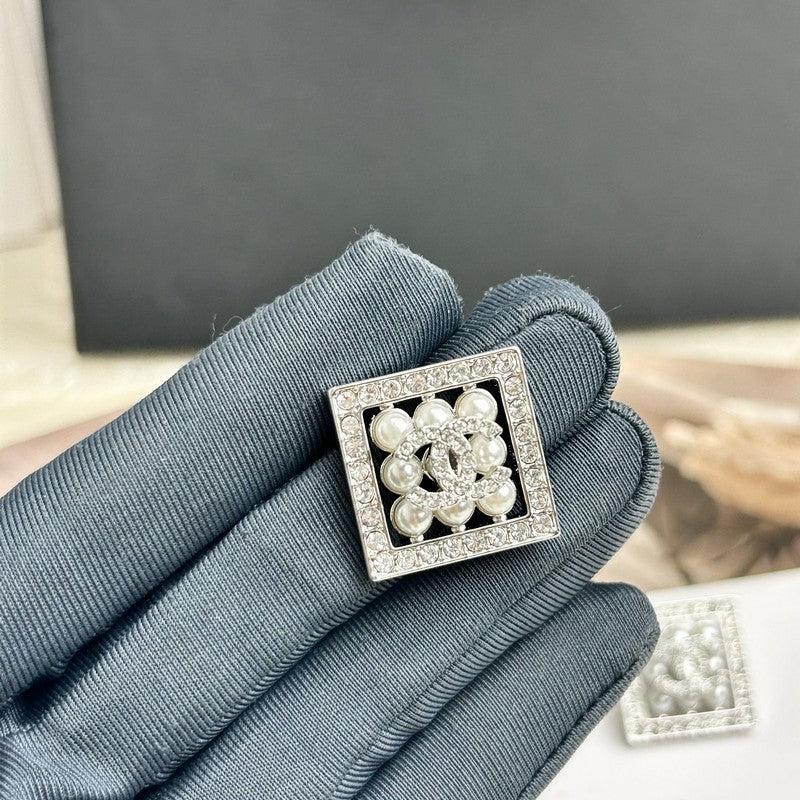 Chanel Diamond & Pearl Square 18K Gold Earrings