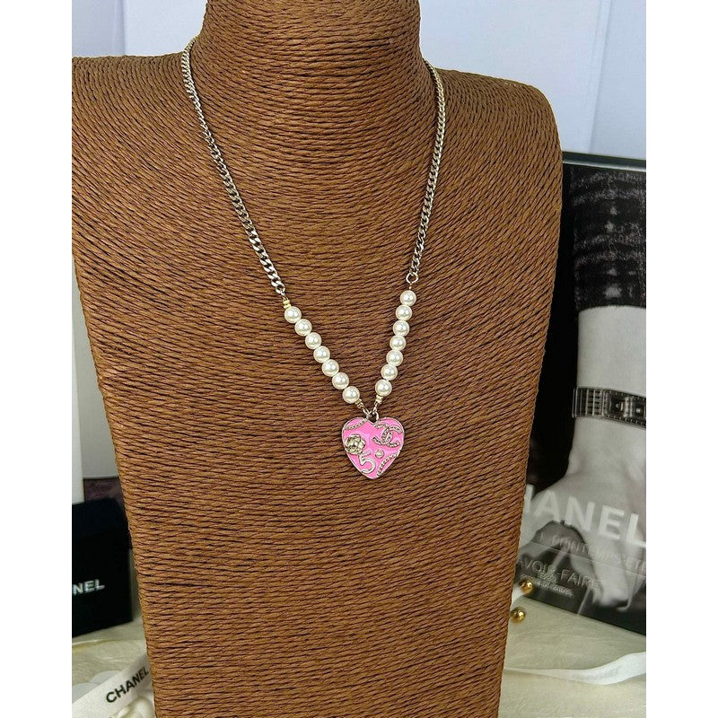Chanel Pink & Black Heart Pearl 18K Gold Necklace