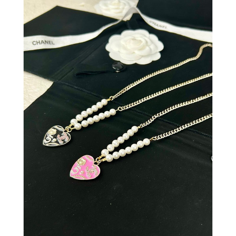 Chanel Pink & Black Heart Pearl 18K Gold Necklace