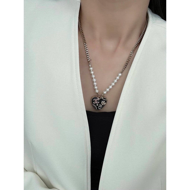 Chanel Pink & Black Heart Pearl 18K Gold Necklace