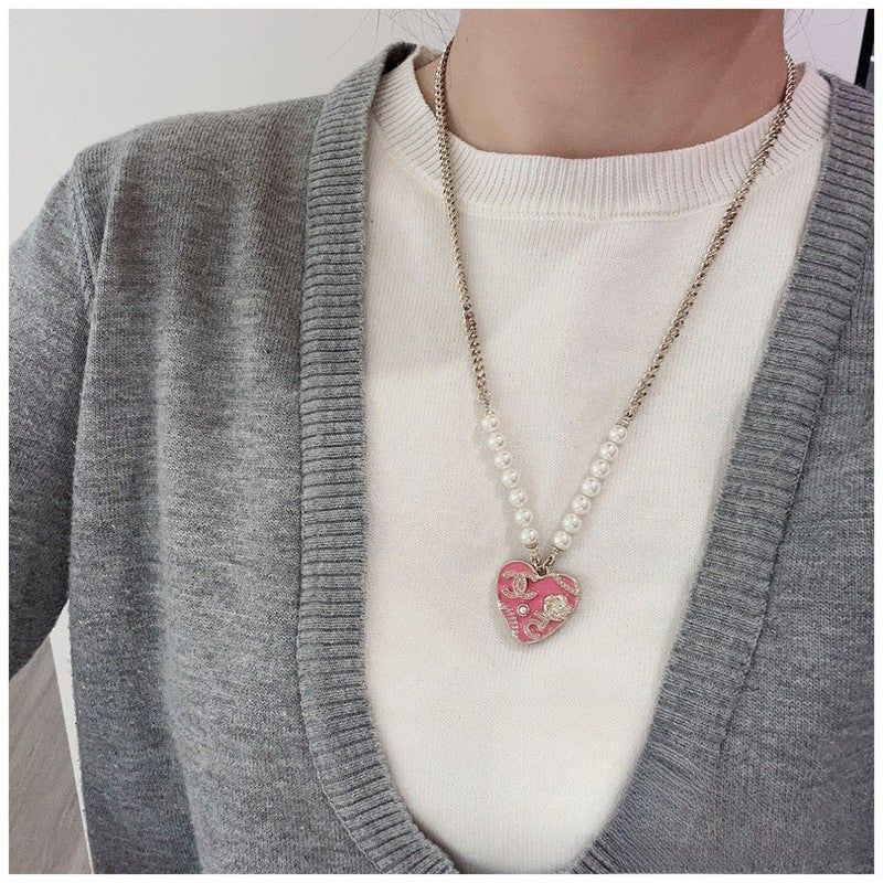 Chanel Pink & Black Heart Pearl 18K Gold Necklace