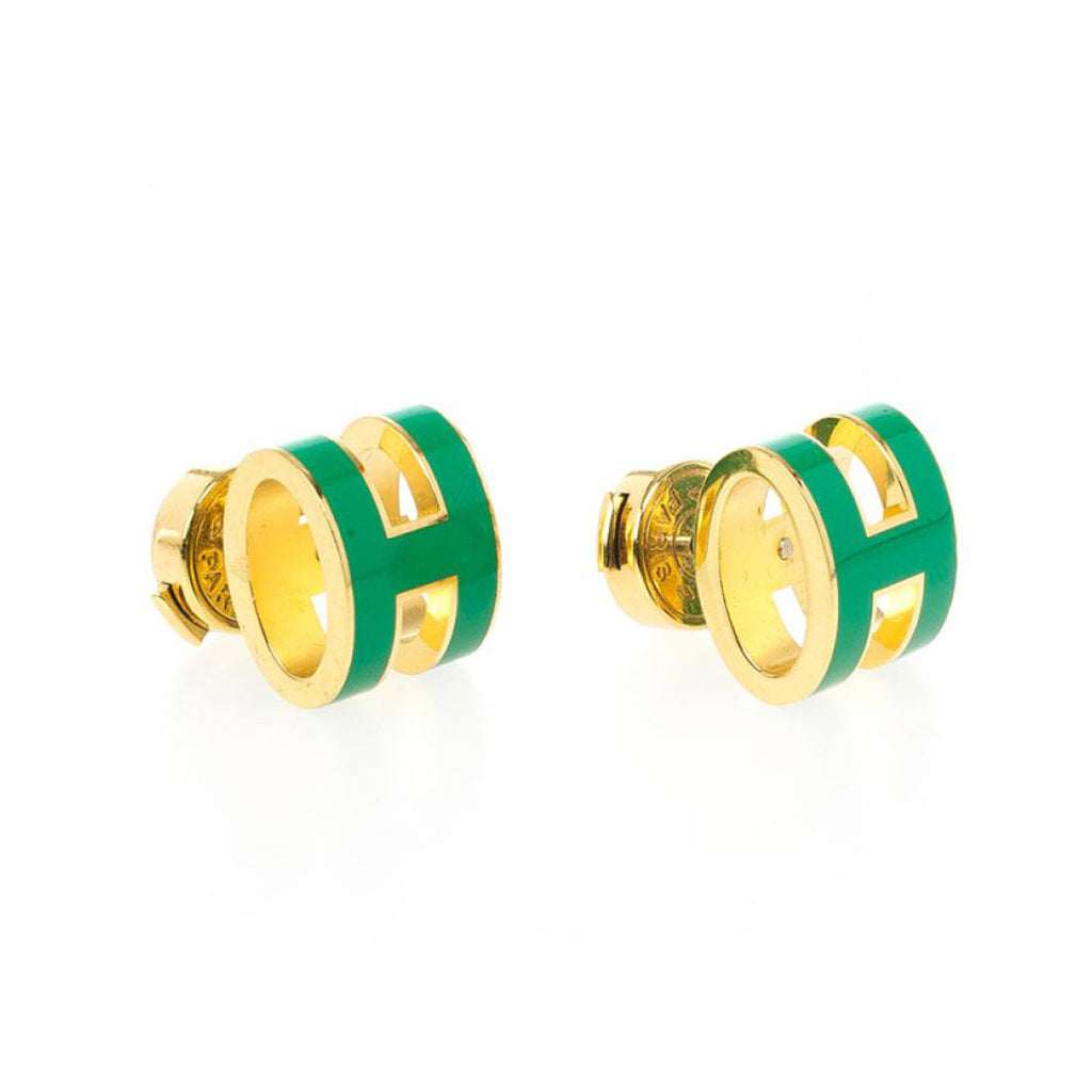 Hermes Mini Pop Green 18K Gold Earrings