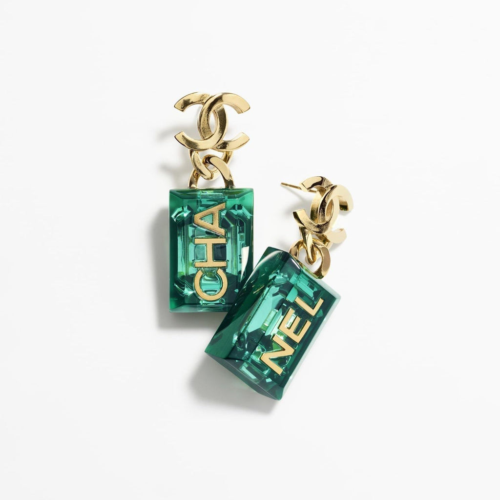 Chanel Green Perfume Bottle 18K Gold Earrings