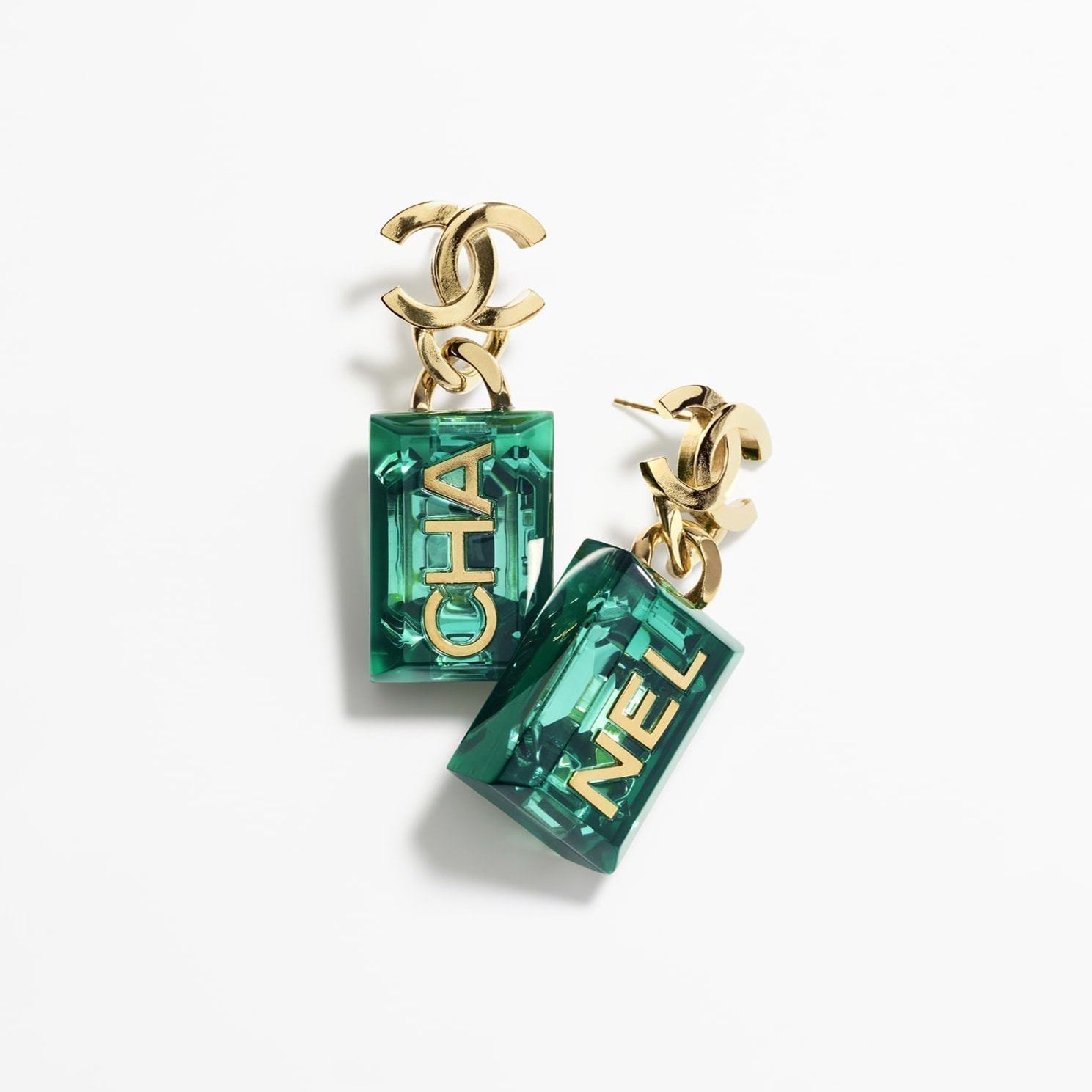 Chanel Green Perfume Bottle 18K Gold Earrings