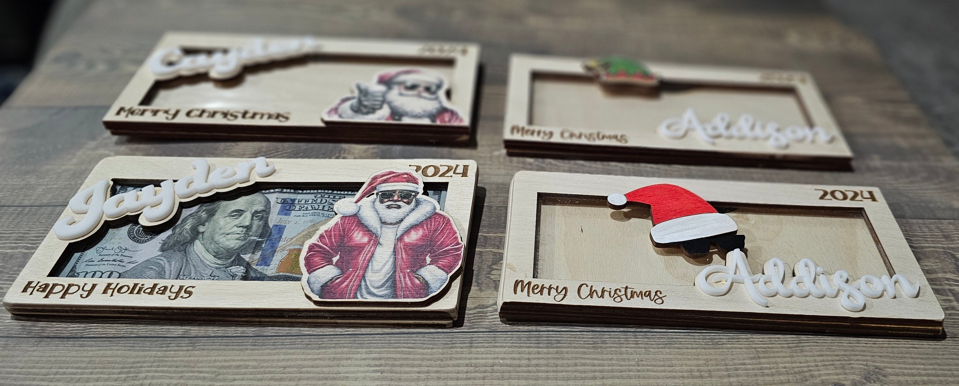 Personalized Wood & Acrylic Christmas Money Cash Envelope Holders with Christma