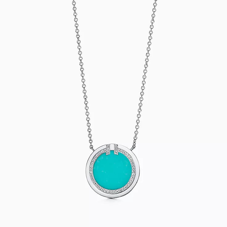 Tiffany Diamond & Turquoise Circle Pendant 18K Gold Necklace
