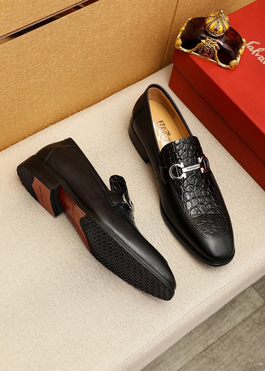 Ferragamo Black Buckle Loafers — front