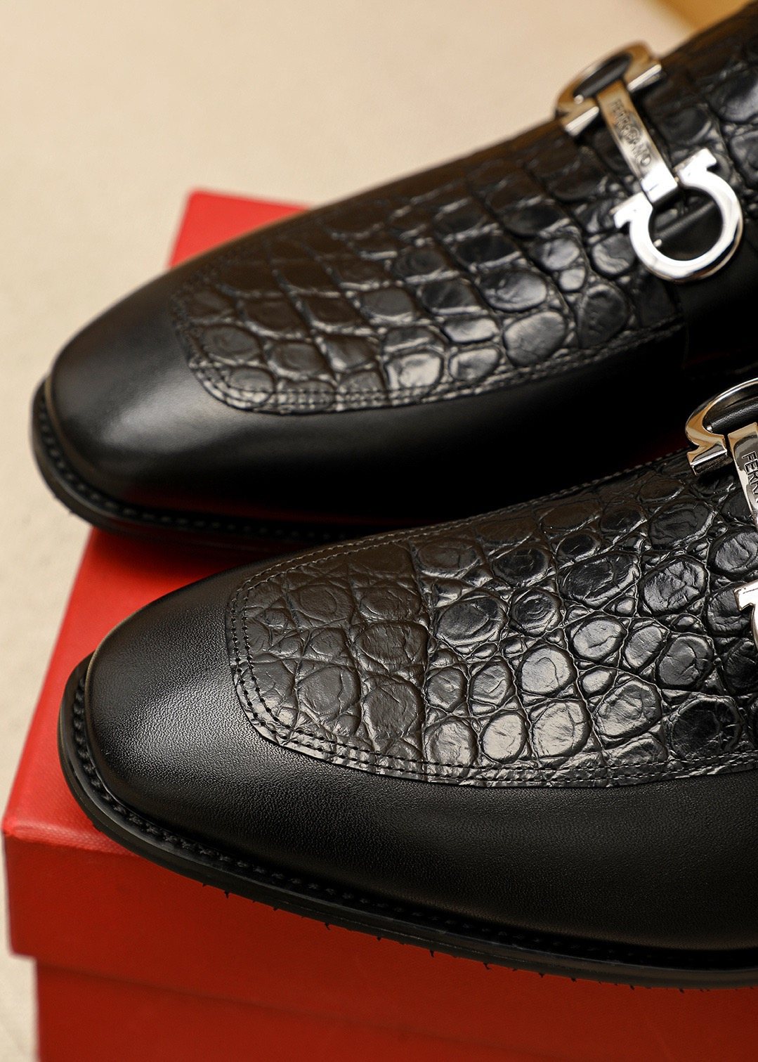 Ferragamo Black Buckle Loafers — detail