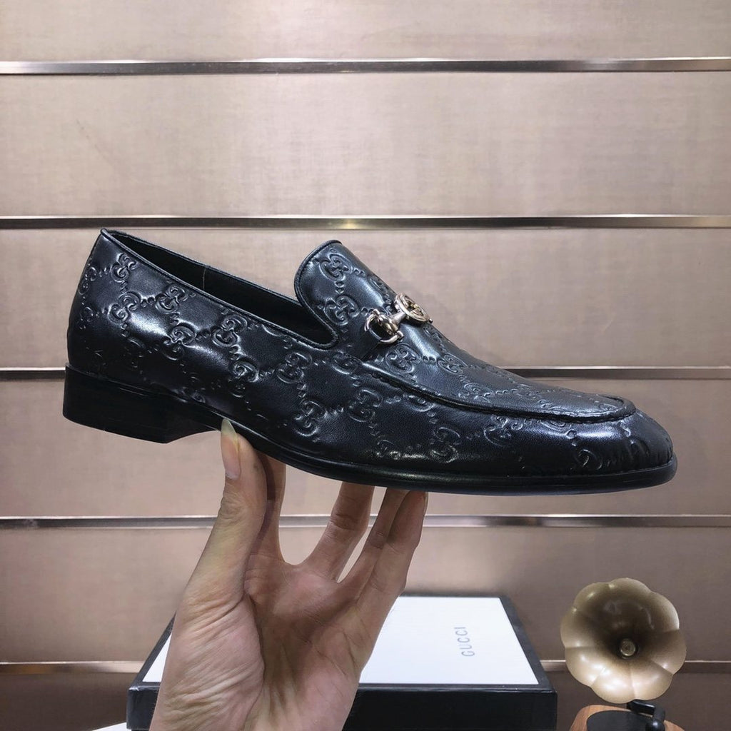 GUCCI Black Embossed Horsebit Loafers — side
