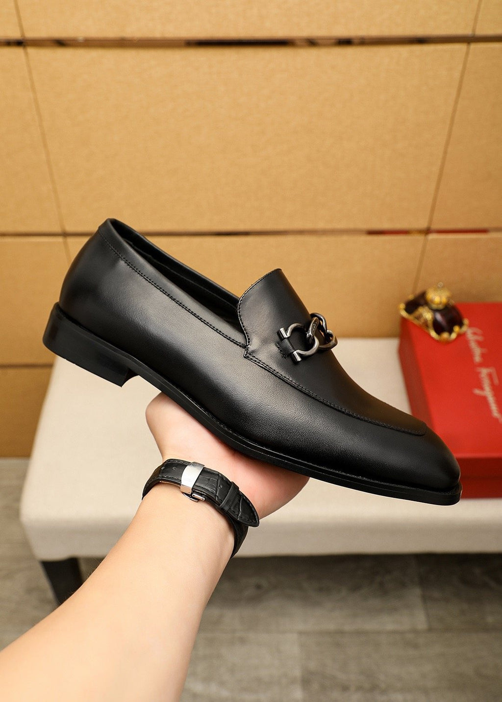 Ferragamo Black Leather Bit Loafers — side