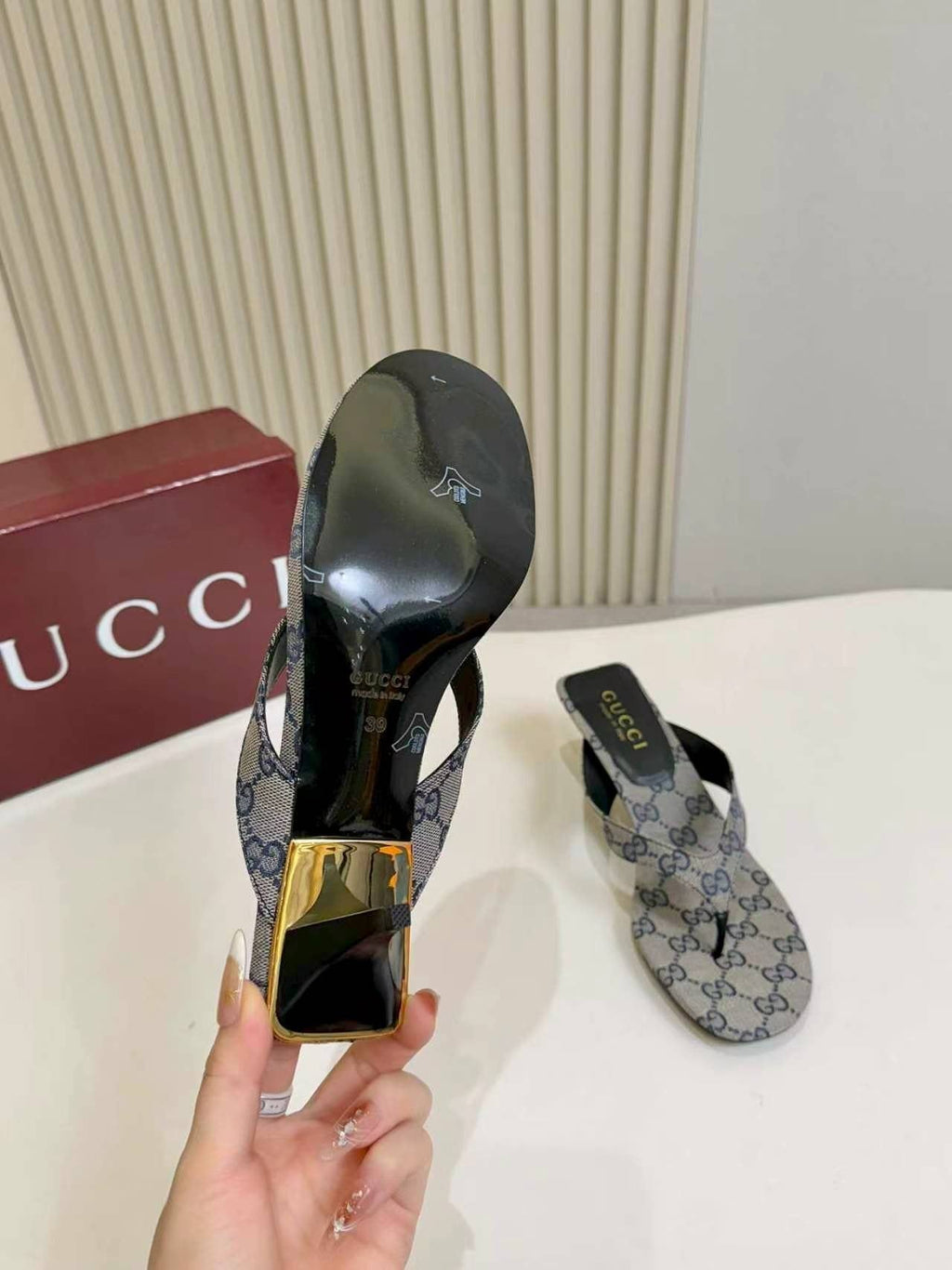Gucci Monogram Low-Heeled Slingback Sandals — detail