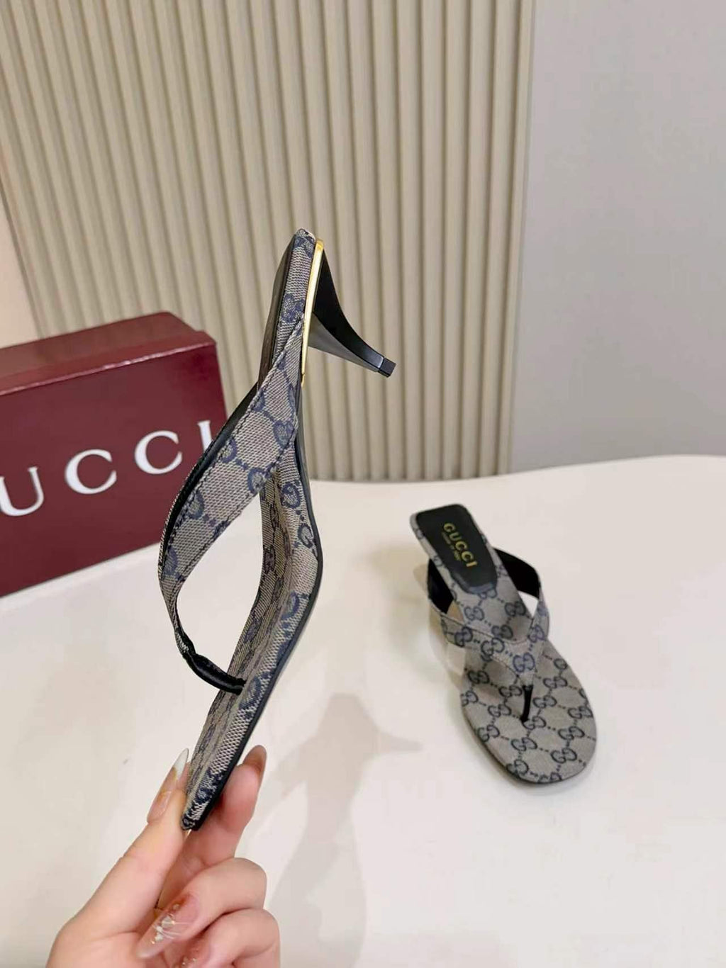 Gucci Monogram Low-Heeled Slingback Sandals — model