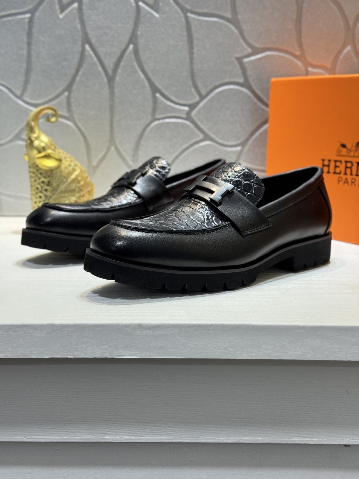 Hermès Black Knot Lug Sole Loafers — front