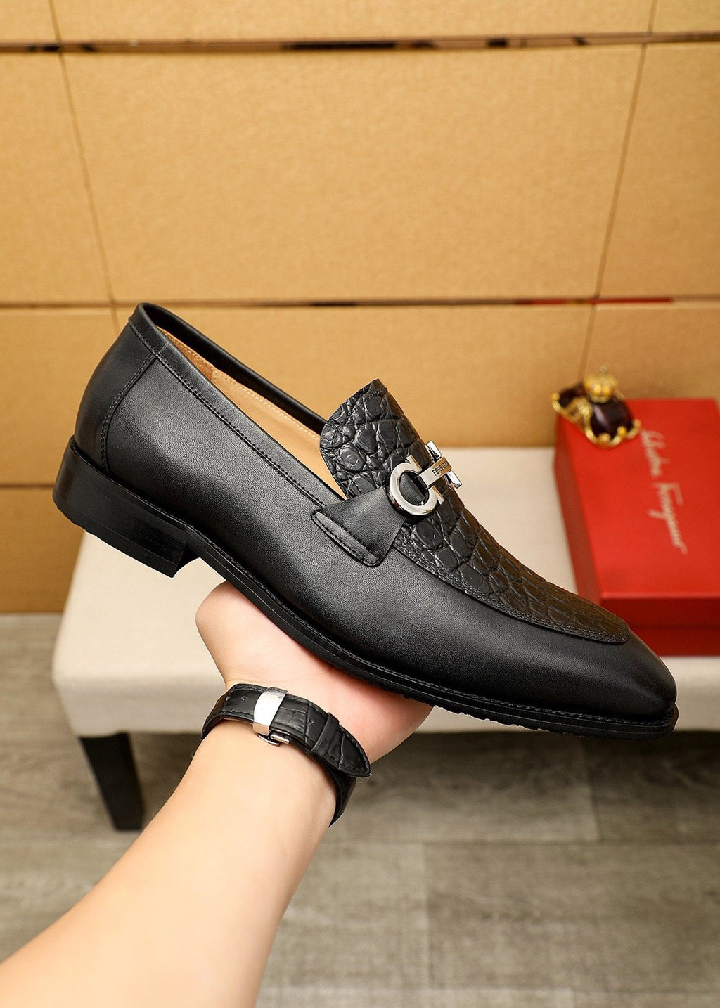 Ferragamo Black Embossed Leather Buckle Loafers — model