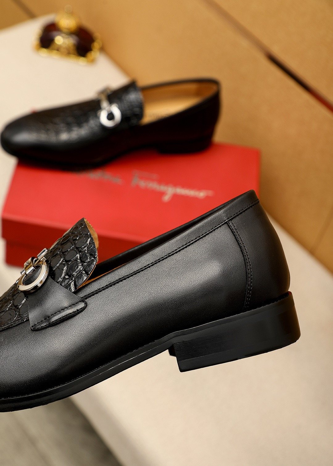 Ferragamo Black Embossed Leather Buckle Loafers — detail