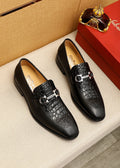 Ferragamo Black Embossed Leather Buckle Loafers — hero