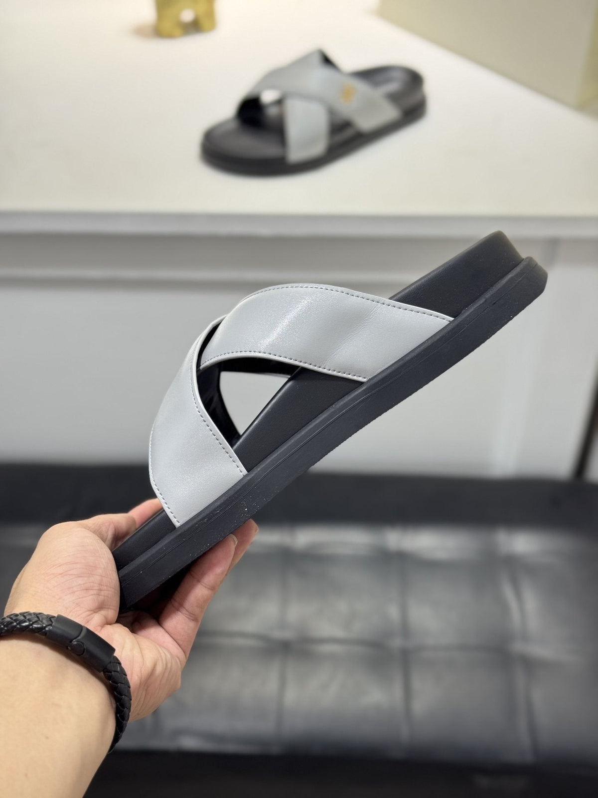 Burberry Light Gray Cross-Strap Slide Sandals — side