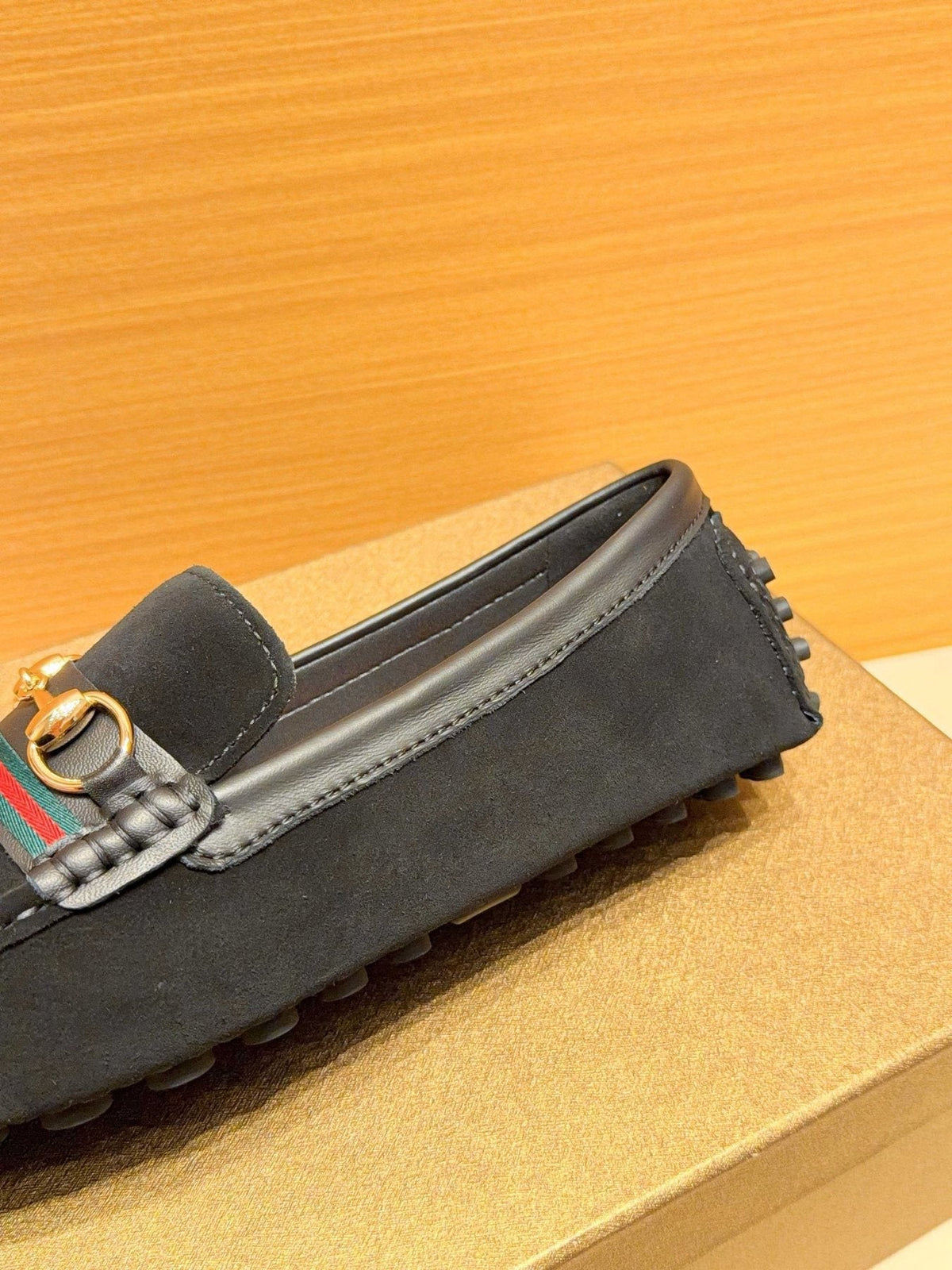 Black Web Stripe Bit Loafers — detail