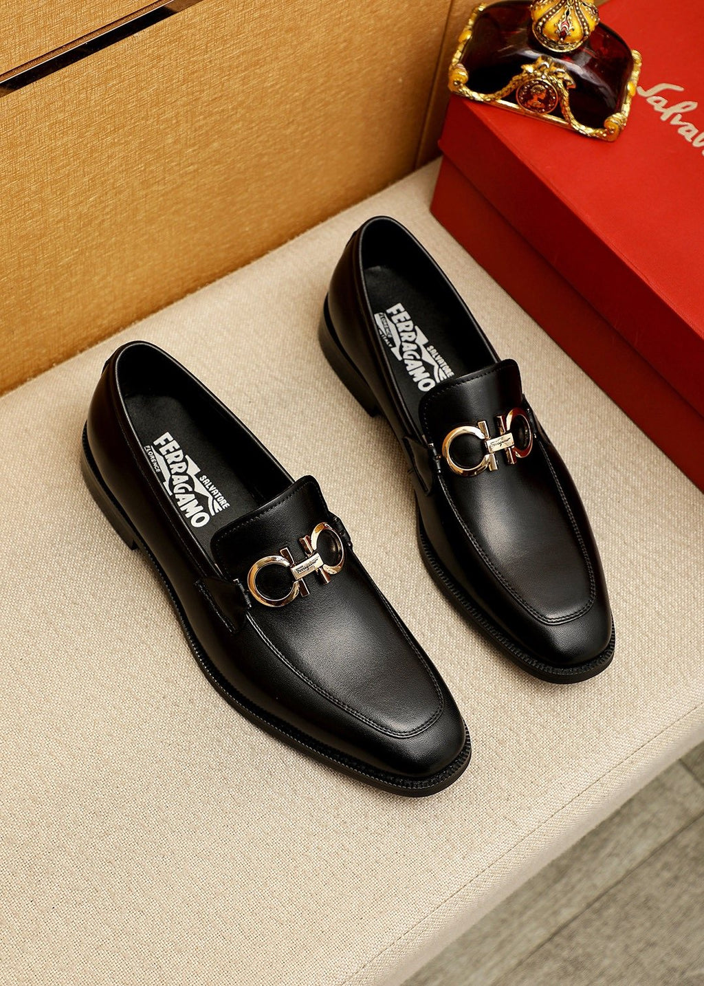 Ferragamo Black Hardware Loafers — front
