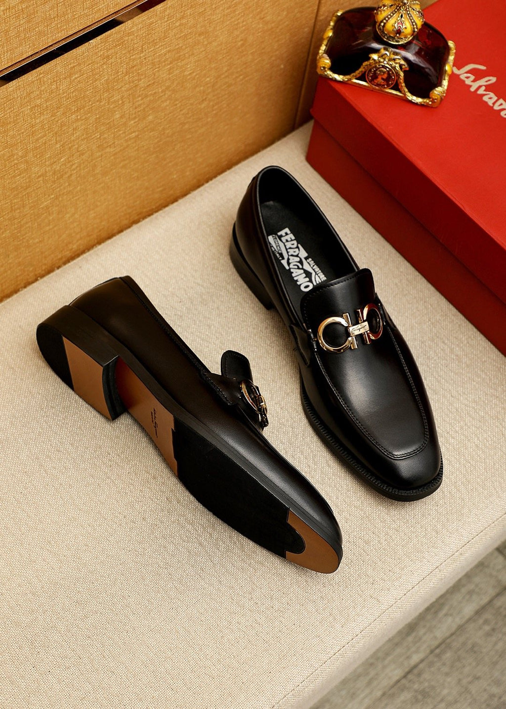 Ferragamo Black Hardware Loafers — front