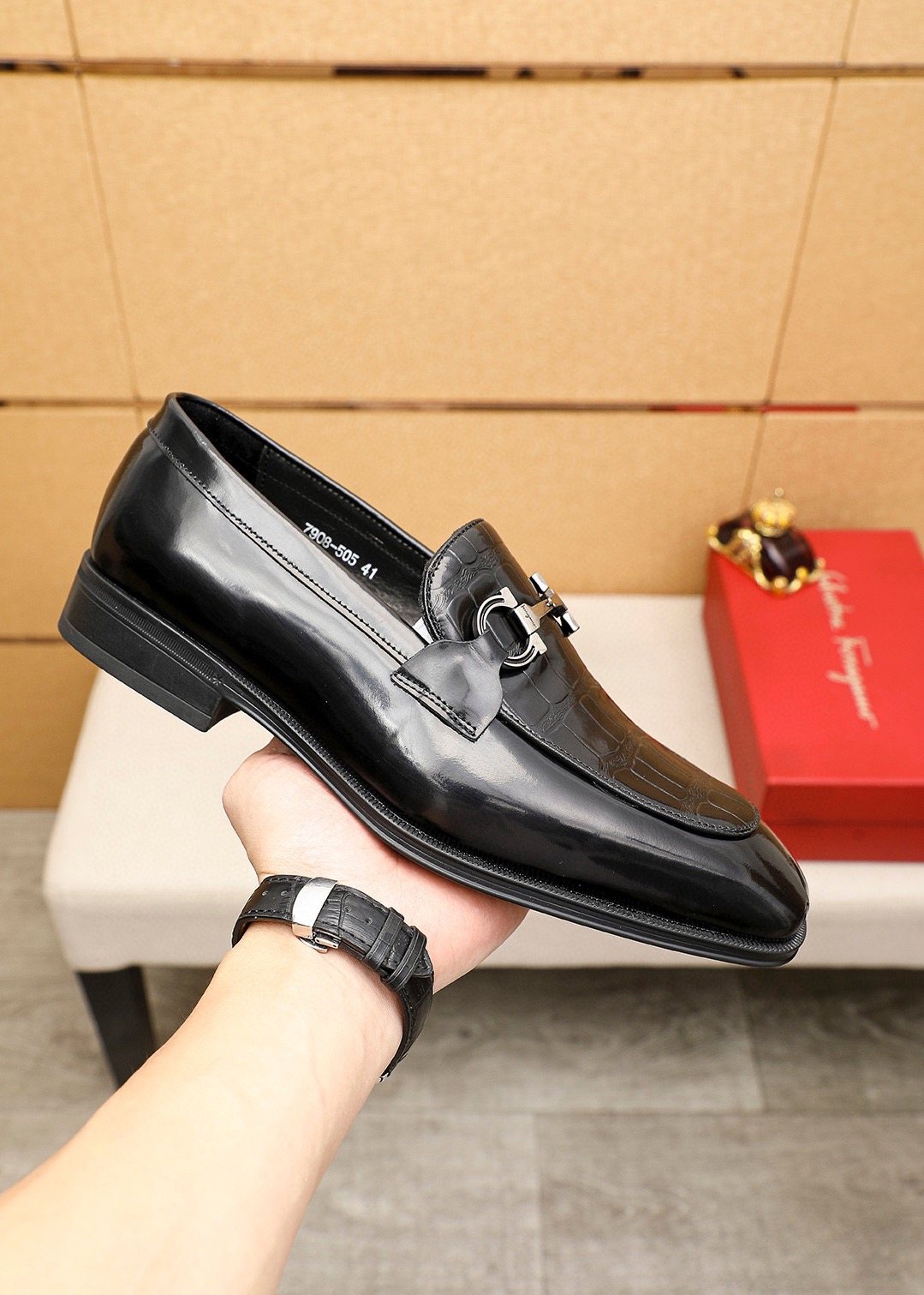 Ferragamo Black Textured Bit Loafers — model