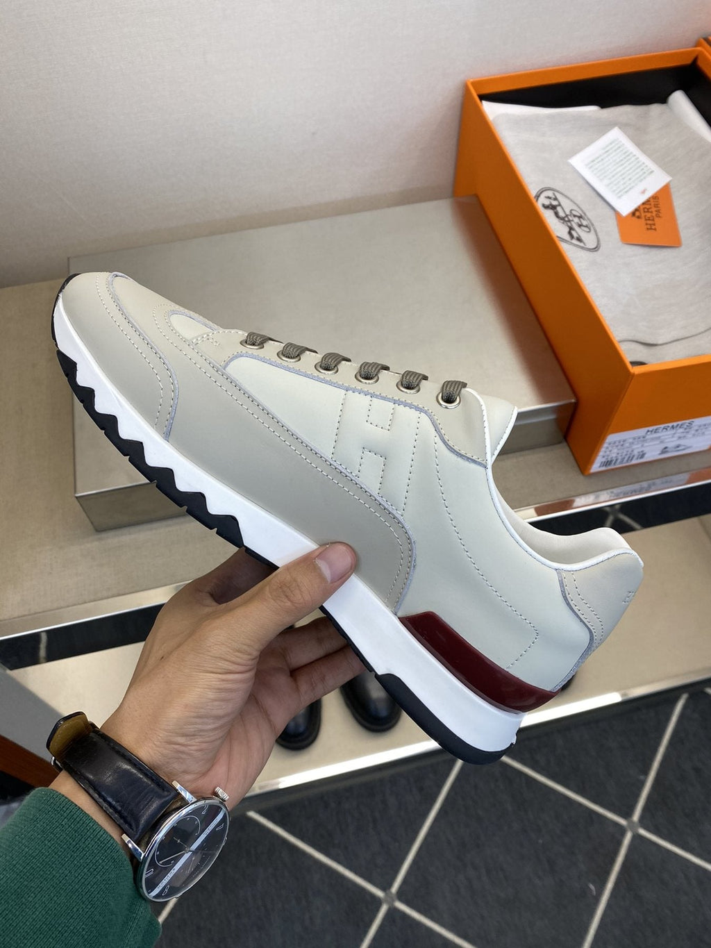 Hermès White and Gray Low-Top Sneakers — side