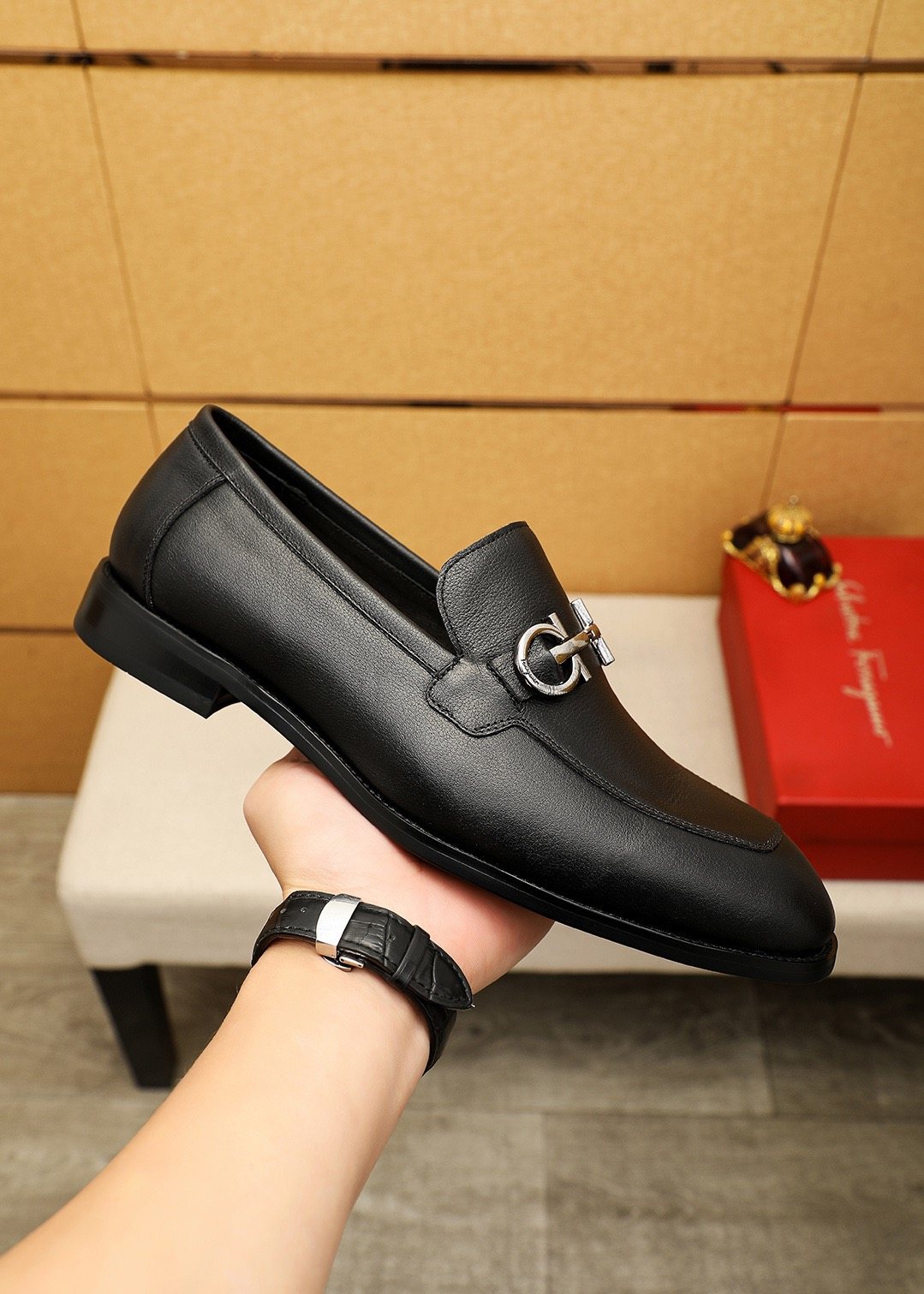 Ferragamo Black Textured Loafers — model