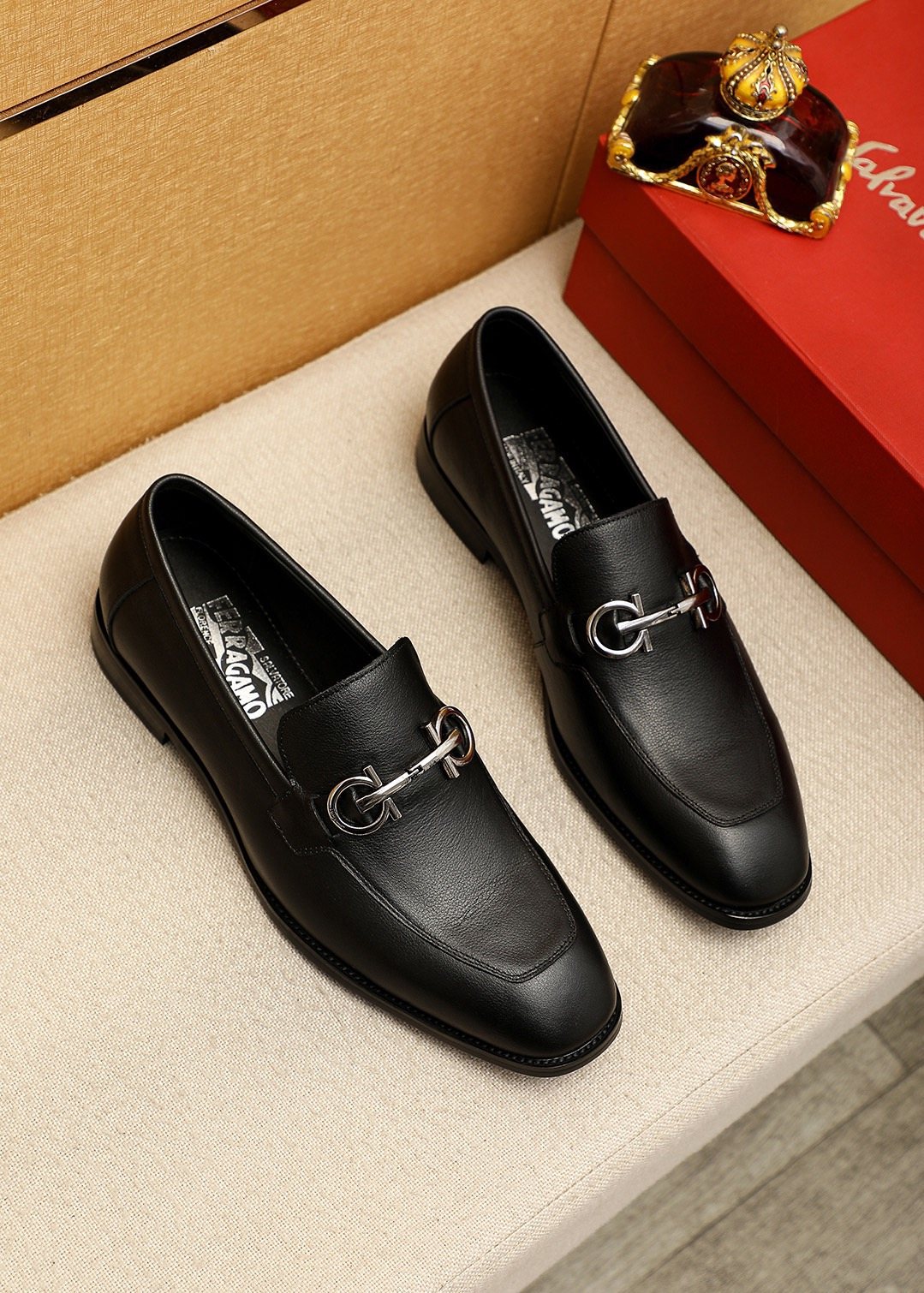 Ferragamo Black Textured Loafers — front