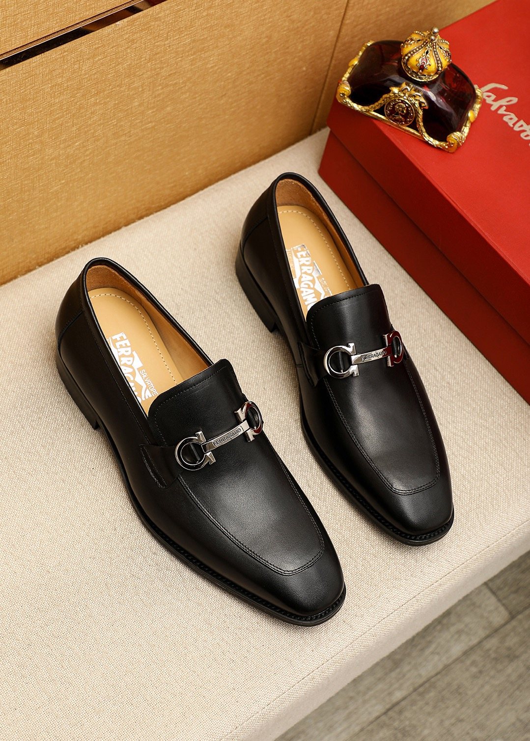 Ferragamo Black Buckle Loafers — hero