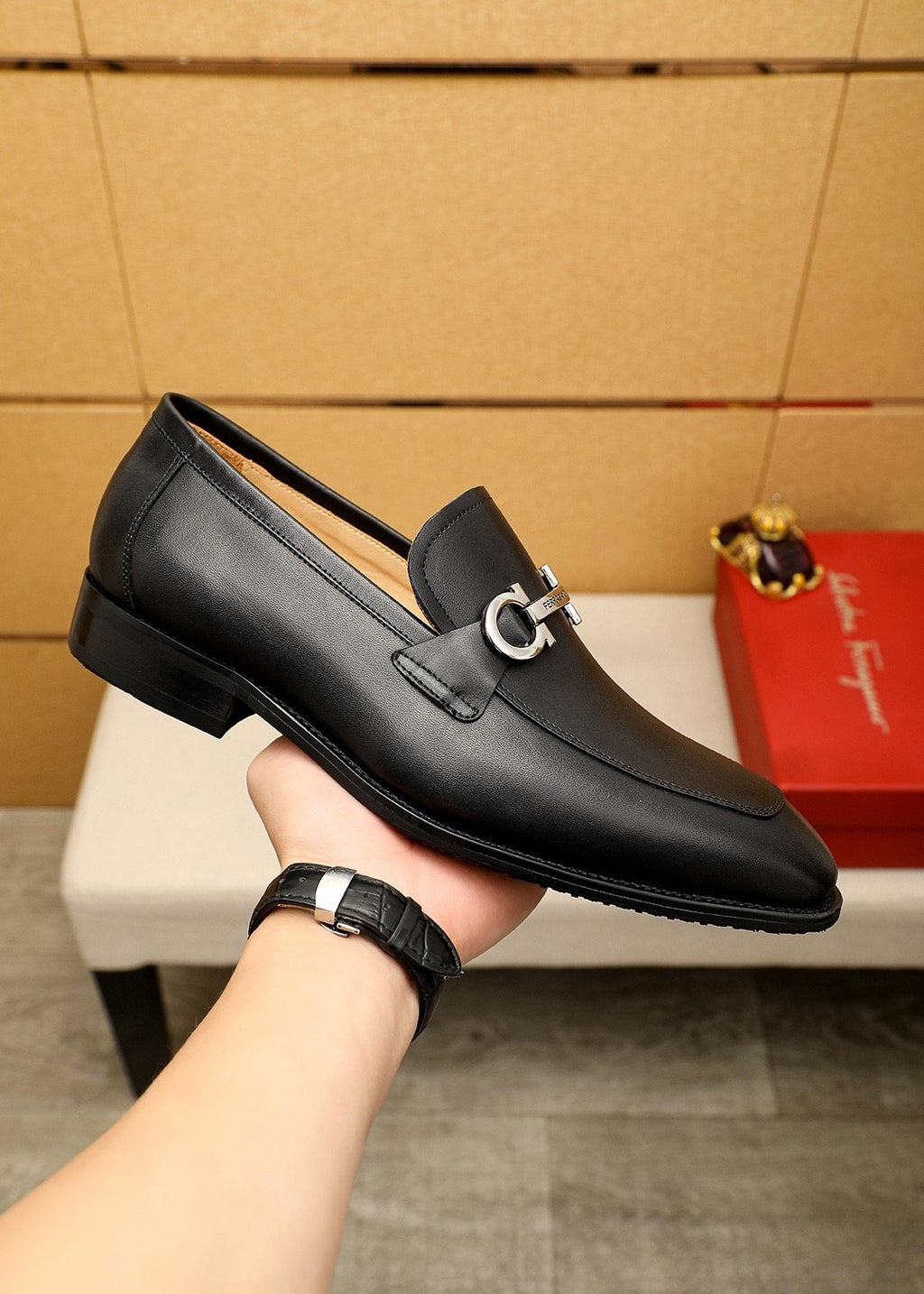 Ferragamo Black Buckle Loafers — side