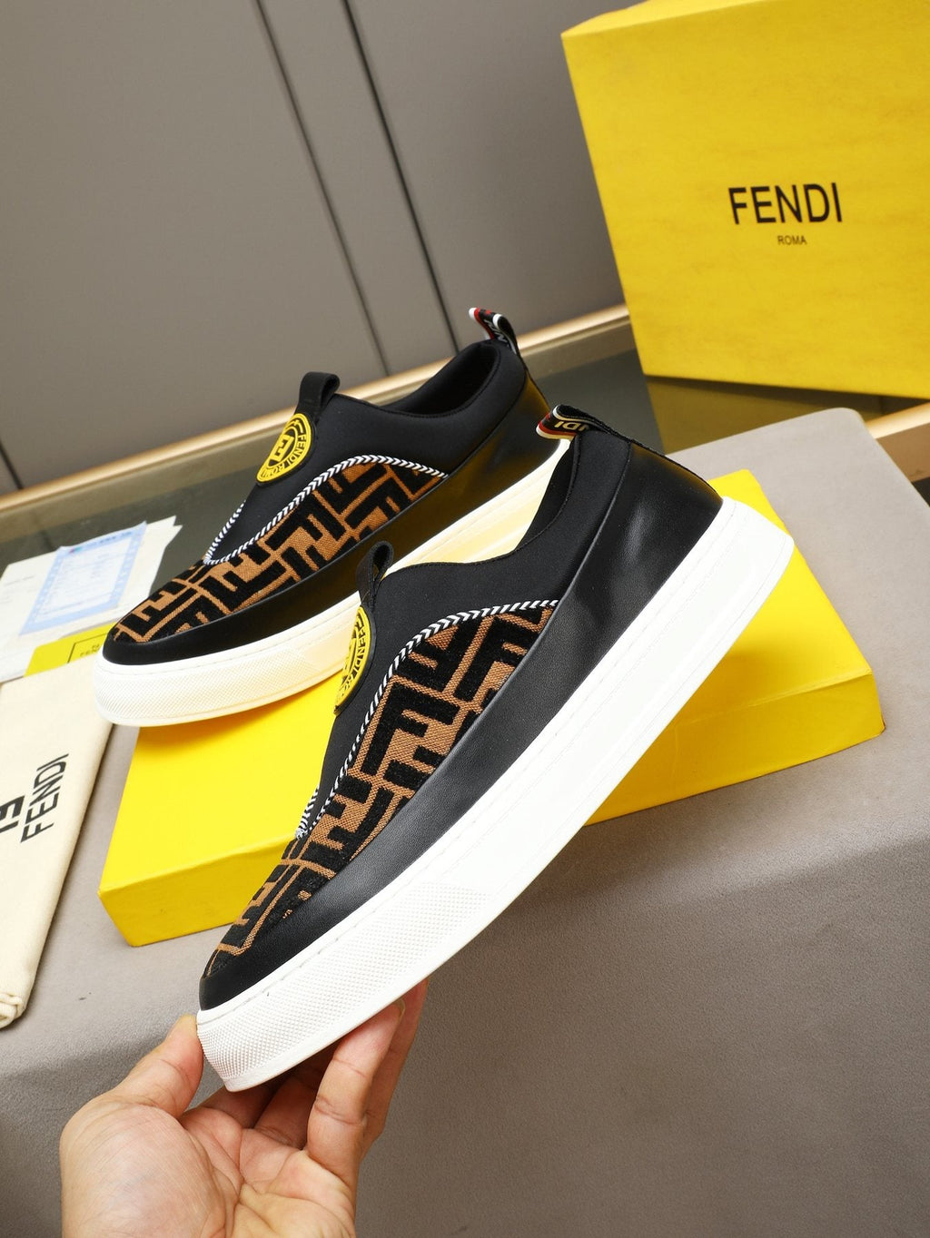 Fendi Brown Panel Slip-On Sneakers — front