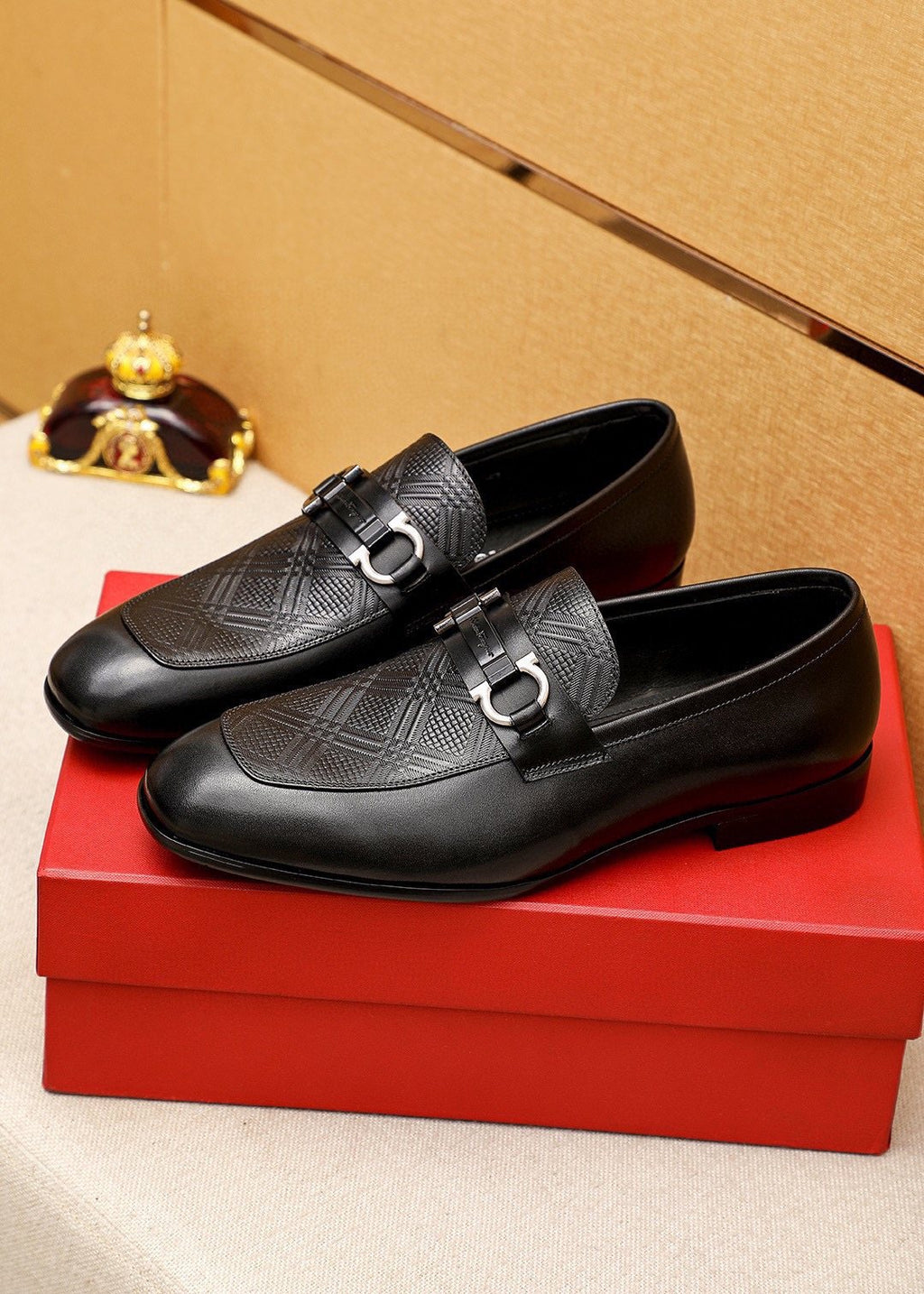 Ferragamo Black Embossed Buckle Loafers — front