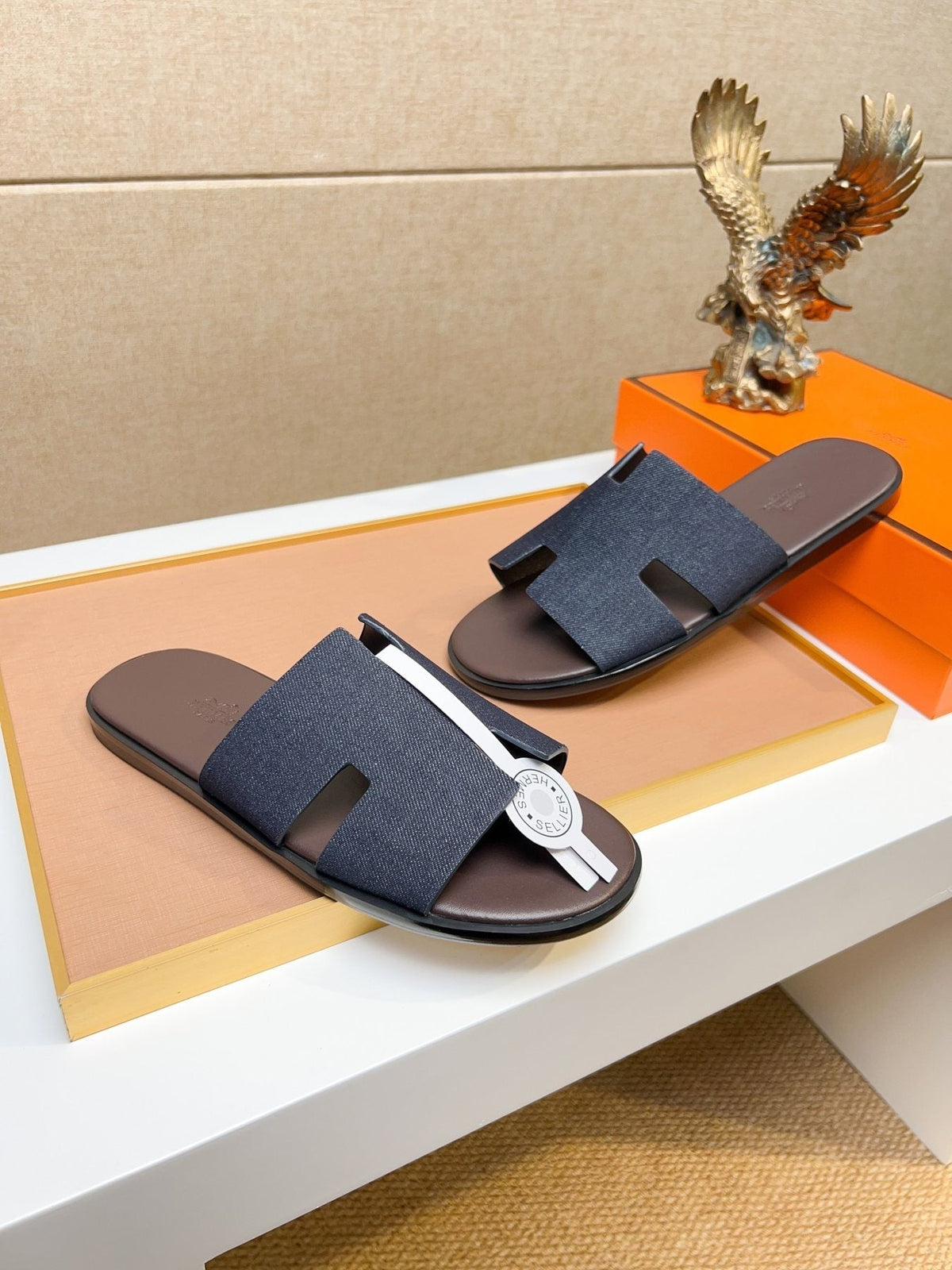 Hermès Dark Navy Blue H-Strap Slide Sandals — side