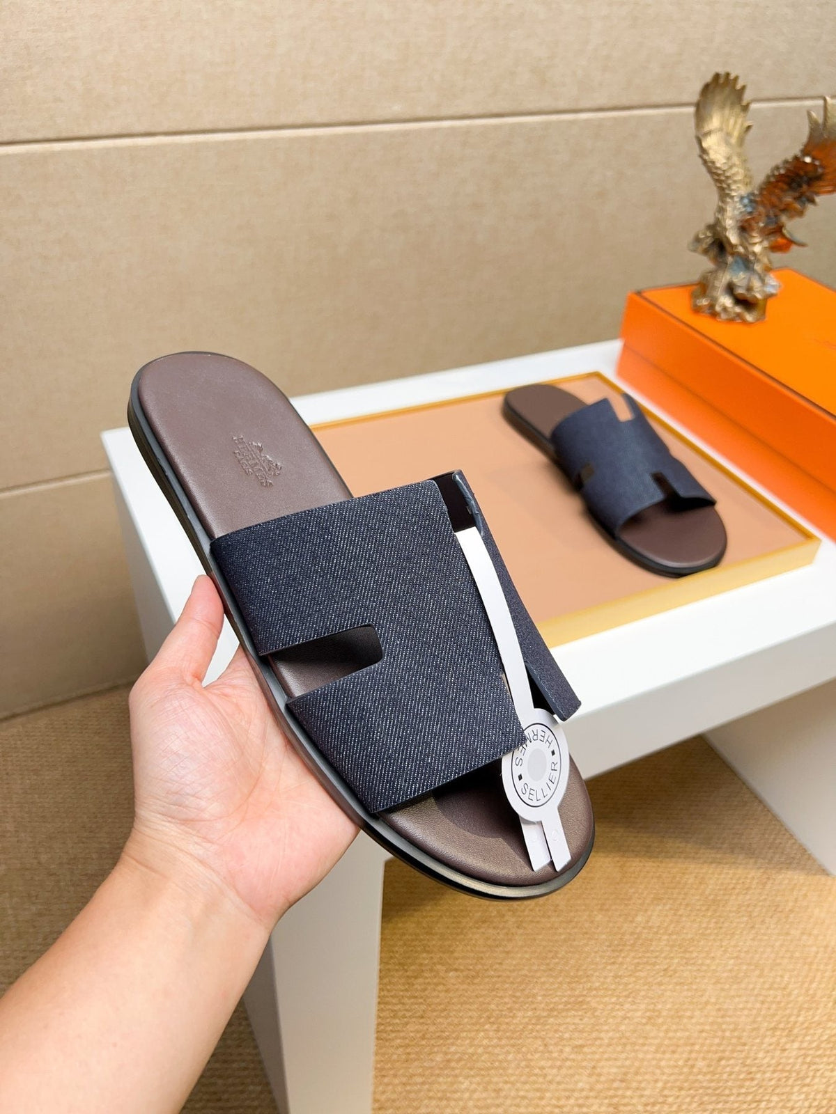 Hermès Dark Navy Blue H-Strap Slide Sandals — model