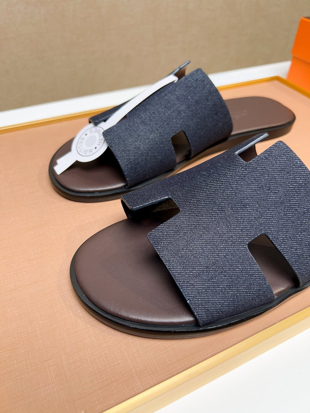 Hermès Dark Navy Blue H-Strap Slide Sandals — detail