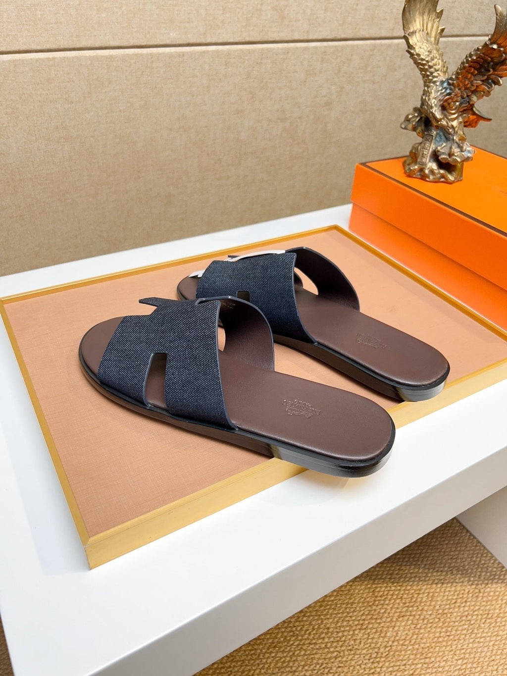 Hermès Dark Navy Blue H-Strap Slide Sandals — front