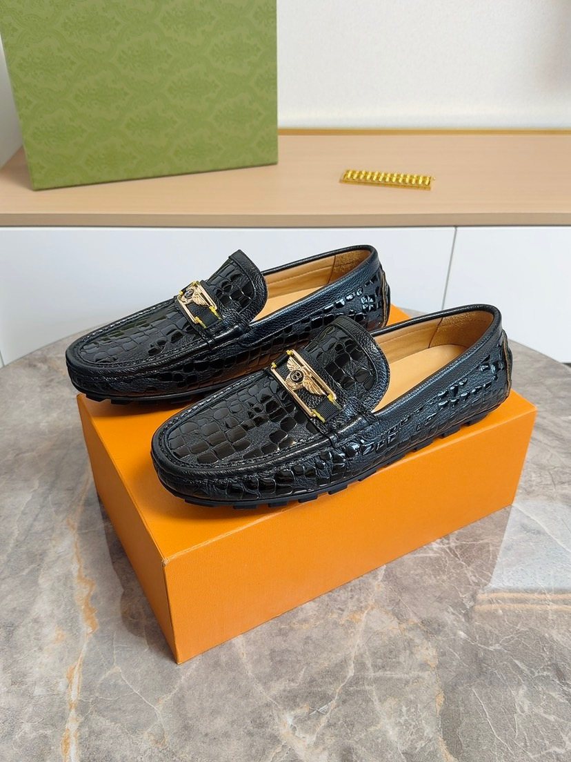 Black Embossed Buckle Loafers — front