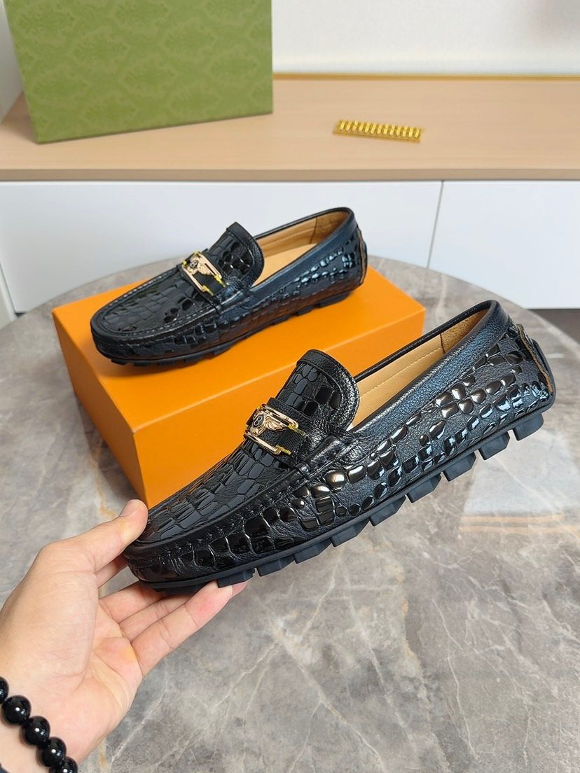Black Embossed Buckle Loafers — side