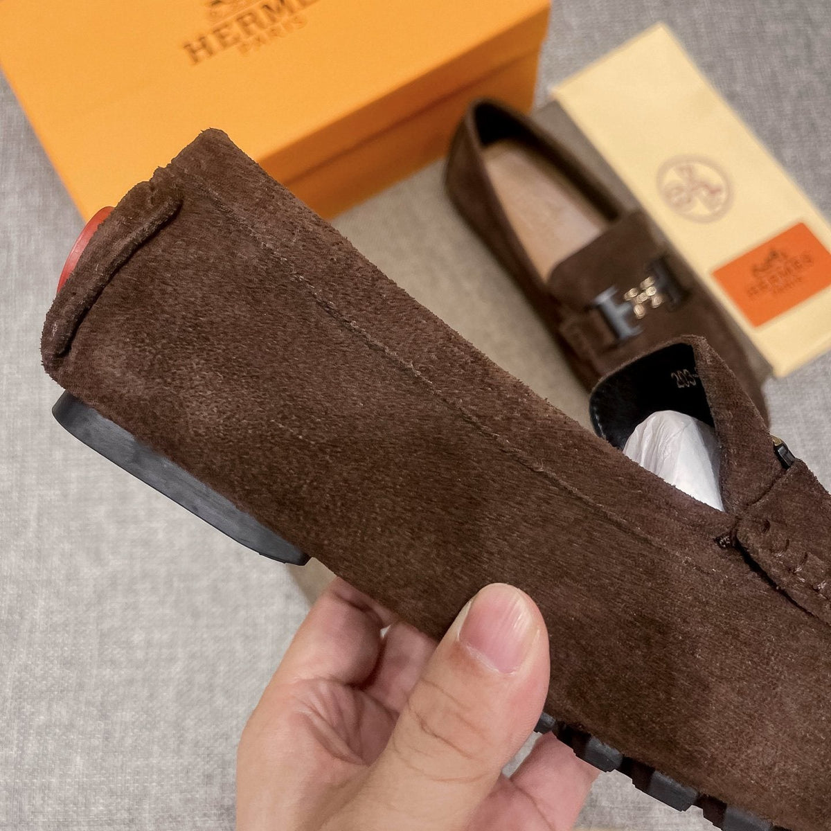 Hermès Brown Suede H Hardware Loafers — back