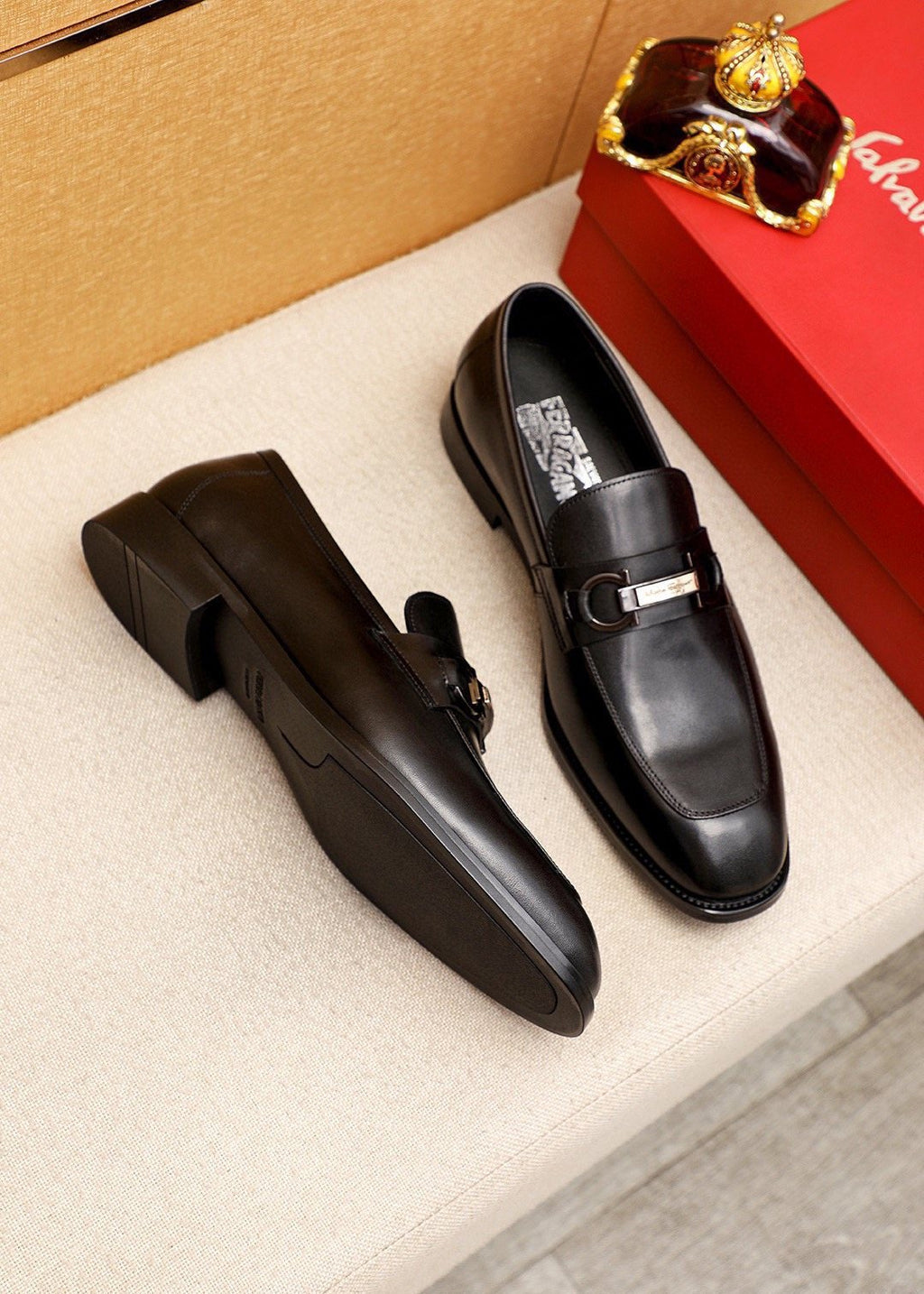 Ferragamo Black Buckle Loafers — front